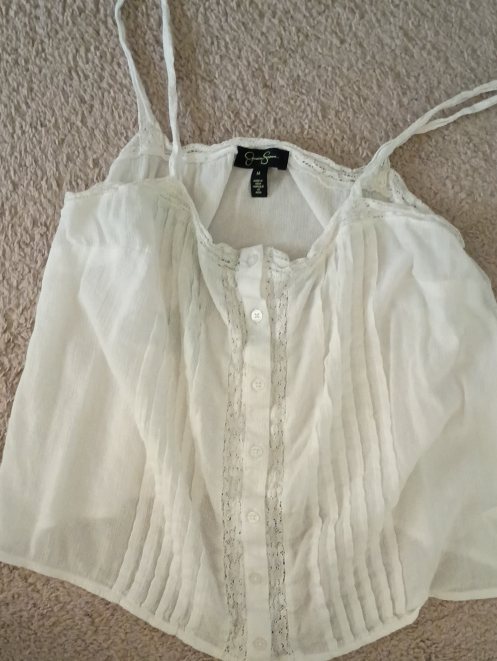 Jessica Simpson White Lace-Trim Pintuck Button Cami